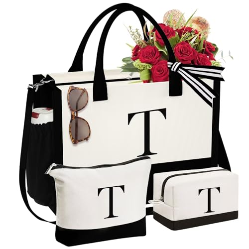 YOOLIFE Gifts for Women - Initial Canvas Tote Bag & Makeup Bag, Birthday Gifts for Women Mom Sister Friends