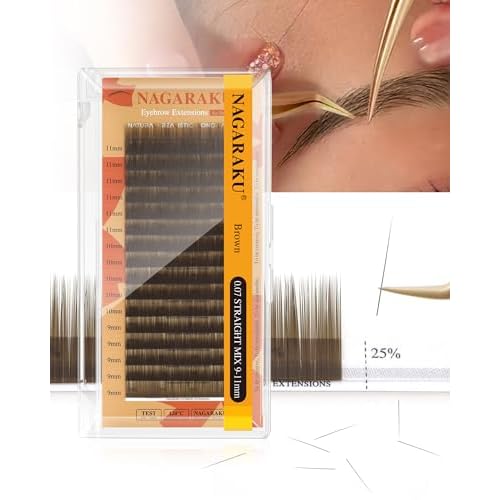 NAGARAKU Eyebrow Extensions, Air Series Brow Extension False Eyelashes Straight Curl for Bottom Lower Lash Grafting 16 Rows Black Soft Natural for Professional Salon Use - 0.07mm, Brown, 9/10/11mm