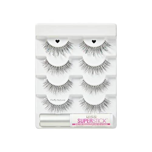 KISS So Natural Holiday False Eyelashes, ¡®Fluffy Natural¡¯, 10mm-12mm, Medium Volume, Tapered Ends, 3 Pairs + 1 Pair with Glitter, KISS SuperStick Strip Lash Adhesive, Clear, Net Wt. 4.8g (0.17 oz.)