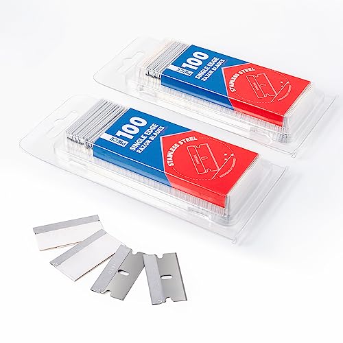 FOSHIO 200PCS Single Edge Razor Blades, Individually Wrapped Stainless Steel Razor Blades for Scraper Tools, Suitable for Removing Labels, Decals, Stickers, Gasket, Silver