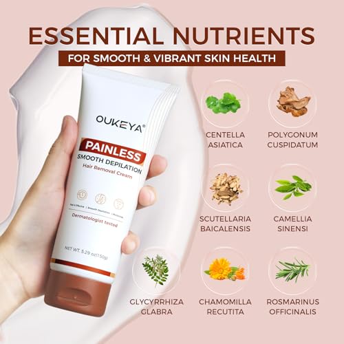 OUKEYA 2PACK, Hair Removal Cream for Women & Men Sensitive Skin, Natural Extracts Depilatory Cream for Bikini Line Legs Arms Underarms, Dermatologically Tested Painless Hair Remove Gel with Tool