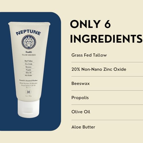 Neptune Non-Toxic Sunscreen - Grass Fed Beef Tallow, Zinc Oxide Mineral Based Sunscreen with Propolis for Skin Healing and Moisturization