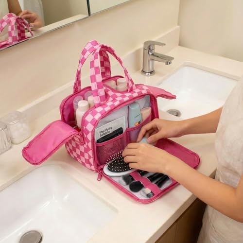 LETGO Travel Toiletry Bag, Spacious Checkered Toiletry Bag for Women,Large Toiletry Bags for Traveling,Lightweight Travel Cosmetic Makeup Bag Organizer for Accessories,Toiletries (Pink Checkered)