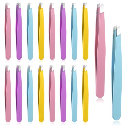 16 Pcs Slanted Tip Tweezers Set for Facial Hair Removal, Stainless Steel Precision Tweezers Bulk for Men Women Eyebrows, Ingrown Hair, Lash Extension