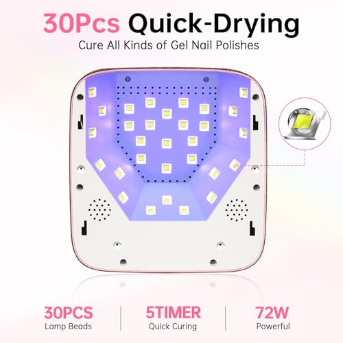 UV LED Nail Lamp 72W Rechargeable Sparkly Wireless Nail Dryer Gel Polish Light with 5 Timer Setting Professional Quick Dry Curing Lamp Pink with Display Auto Sensor for Salon & Home