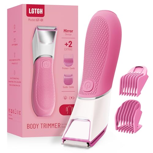 Rechargeable Bikini Trimmer for Women: Pubic Hair Razor with Mirror & LED Light - IPX7 Waterproof Electric Shaver, Travel Lock & Ceramic Blades for Legs Underarm - Light Rose
