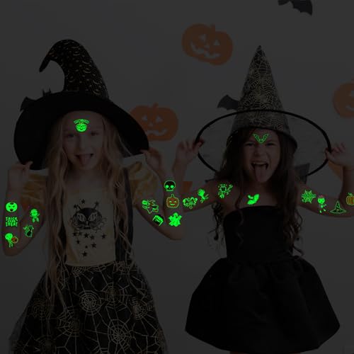 112 Pcs (2" x 2") Glow Halloween Tattoos for Kids, Luminous Halloween Temporary Tattoos for Party Favors Supplies Goodie Bags Gifts Decorations