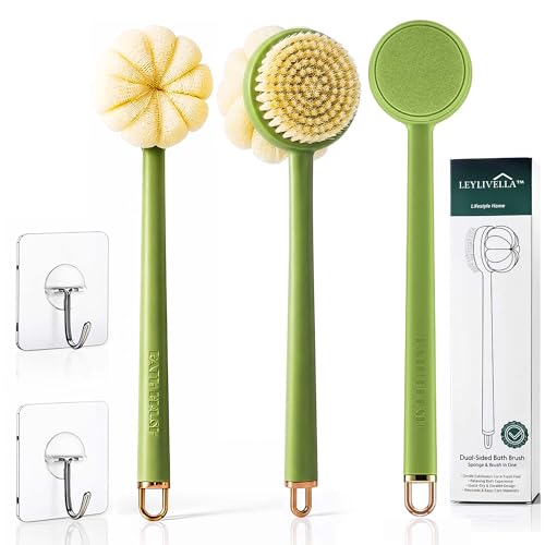 Back Scrubber for Shower with Long Handle (15.7¡±) ? Dual-Sided Bath Brush with Loofah Sponge, Replaceable Heads, Easy Reach for Back & Body, Includes 2 Wall Hooks