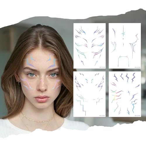 4 Large Sheets Dazzling Holographic Temporary Tattoos Stickers for Cosplay & Parties | Waterproof Long Lasting Fake Tattoo Body Art | Anime Fantasy Metallic Face & Arm Jewels