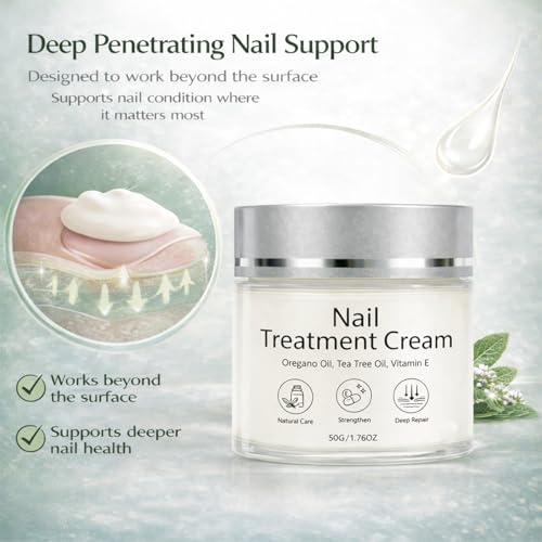 Nail Treatment Cream, Nail Repair Cream for Damaged, Cracked, Thin Nails, with Tea Tree Oil, Oregano Oil, Vitamin E, Improves Nail Appearance, Nail Strengthener & Growth, 50G/1.76OZ