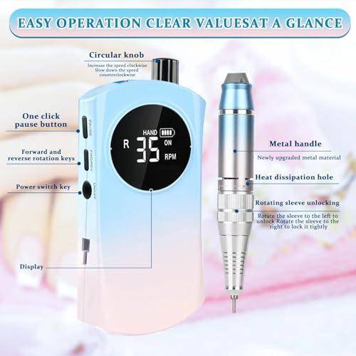 New 2024 Nail Drill Kit - Professional Electric Nail File Machine, 35000 RPM Cordless Rechargeable Nail File with Multiple Drill Bits for Acrylic Nails£¬Salon and Home Use (Gradient Blue)