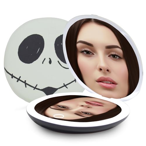 Impressions Vanity Jack Skellington Glow in The Dark LED Compact Mirror with Lights, Adjustable Brightness, Lighted Makeup Mirror with Jack Skellington Glow, Touch Sensor, Travel Friendly