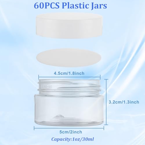 Acrux7 60 Pack 1oz Plastic Jars Round Clear Cosmetic Container Jars with White Lids, Refillable Empty Plastic Slime Jars for Lotion, Cream, Ointments, Makeup, Eye Shadow, Samples
