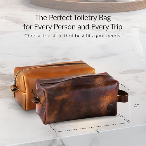 Premium Leather Toiletry Bag For Men - Travel Bag, Shaving Kit Bag & Toiletry Organizer - Full Grain Leather (Double Zip, Antique)
