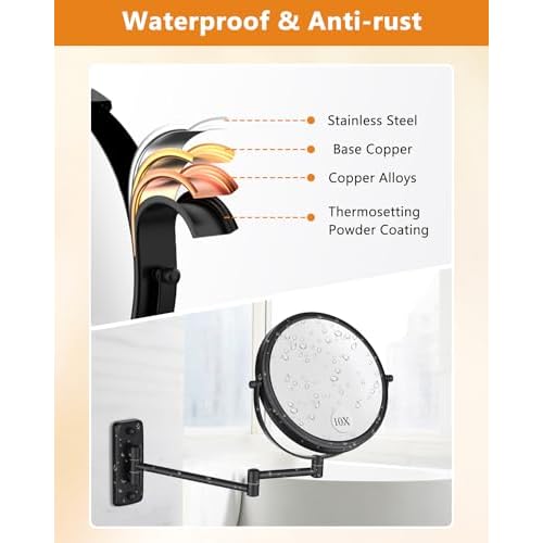 Wall Mounted Makeup Mirror - 1X/10X Magnifying Mirror for Wall, 8 Inch Double Sided 360¡Æ Swivel Extendable Bathroom Mirror for Shaving, Black