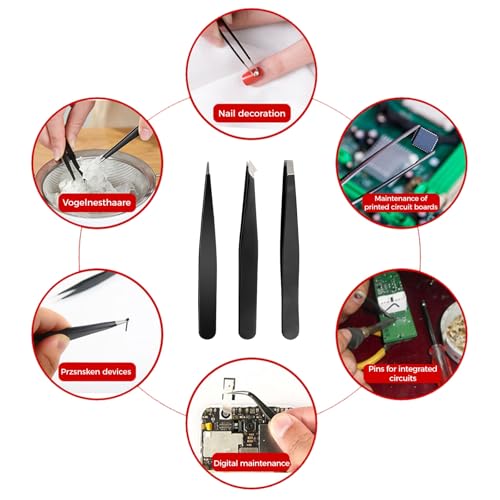 Eyebrow Tweezer Set 3-Piece for Women & Men - Professional Slant and Pointed Tweezers Set with Case - Precision Tweezers Kit for Facial Hair, Splinter and Ingrown Hair Removal