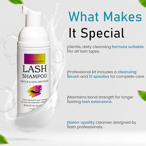 Eyelash Extension Shampoo | Eyelash Extension Cleanser with Brush and 12 Spoolies | Safe and Gentle Wash for Extensions and Natural Lashes | 1.7 fl oz 50ml Lash Shampoo