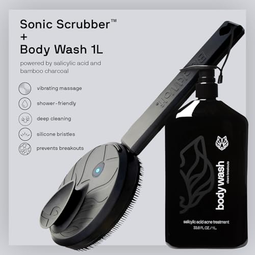 Black Wolf Vibrating Face & Sonic Body Scrubber & Charcoal Powder Body Wash for Men Bundle