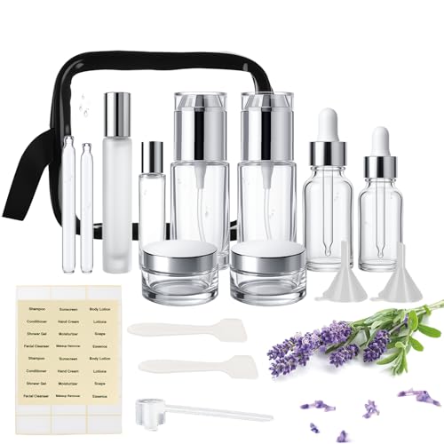 18Pack Glass Travel Bottles for Toiletries, TSA Approved Glass Travel Containers 1.35/0.7/1 oz Silver Small Travel Bottles with Label, BPA Free Leak Proof with Pump Spray Bottles for Makeup, Skincare