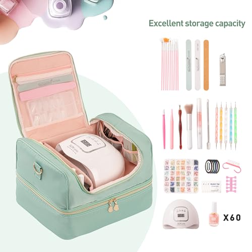 Nail Polish Organizer Case, Nail Supplies Storage Holds 60 Bottles Nail Polish & Nail Lamp Gel Nail Travel Carrying Bag for Nail Kit (Green)