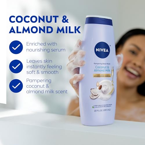 NIVEA Pampering Coconut and Almond Milk Body Wash with Nourishing Serum,Moisturizing Body Wash for Women,Enriched with Provitamin B5 and Vitamin E,20 Fl Oz Bottle,(Pack of 6)