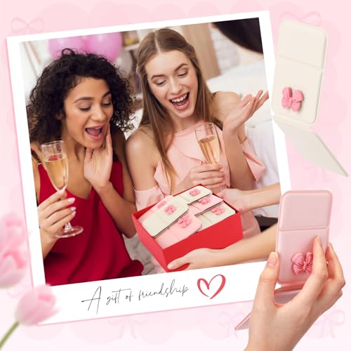 Amyhill 24 Pcs Party Favor Compact Fold Mini Mirror Preppy Bow Gift for Women Birthday Bridal Shower Bachelorette Graduation Party Supplies (Folding,Beige and Pink)