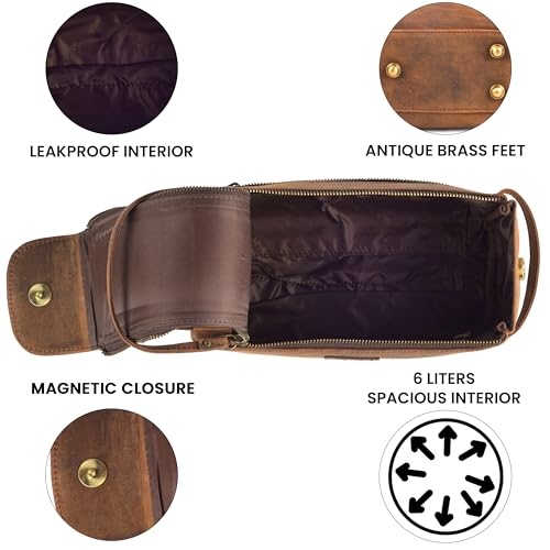 Rasavi Genuine Leather Travel Toiletry Bag for Men & Women, Handcrafted Vintage Dopp Kit, Water-Resistant Shaving & Bathroom Essentials Organizer - Distressed Brown