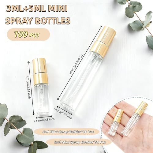 100 Pcs Mini Spray Bottles, 5 ml & 3 ml Glass Fine Mist Spray Bottles, Refillable Travel Perfume Bottle with Gold Cap, Clear Empty Portable Sample Containers for Essential Oils