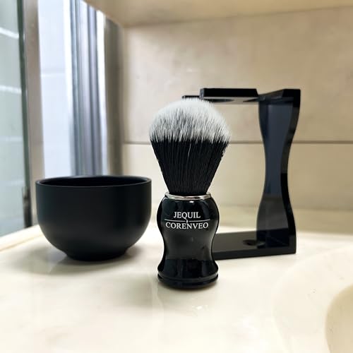 JEQUIL&CORENVEO Men's Shaving Brush Set, 3pcs Synthetic Shaving Brush with Acrylic Stand and Steel Bowl