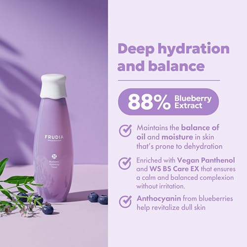 FRUDIA Blueberry Hydrating Face Toner (6.59 fl oz) - Moisturizing Korean Face Toner w/ 88% Blueberry Extract, Vegan Panthenol for Dry Skin | Vegan and Cruelty Free