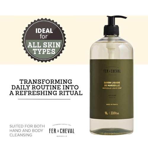 Fer a Cheval Marseille Liquid Soap, Verbena, 1 L / 33.8 fl oz ? Gentle French Hand and Body Wash with Shea Butter ? Fresh Citrus Scent