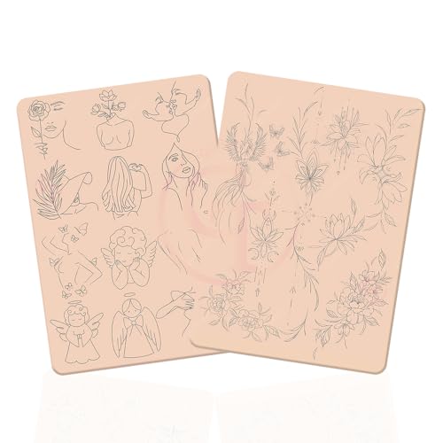 1PC Double Side Silicone Training Pad, Pink Pre-Printed Fine Line Tattoo Practice Skin with Light Gray Stencils, Precise Tattooing Training Pad