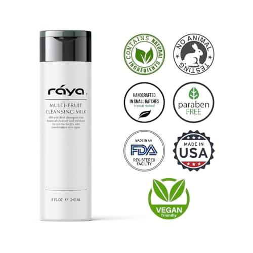 Raya Multi-Fruit Facial Cleansing Milk with AHA and BHA 8 oz (G-154) | Exfoliating Soap-Free Cleanser and Make-Up Remover for Dry and Combo Skin | Made with Multi-Fruit Alpha and Beta Hydroxy Acids