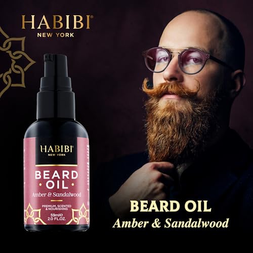 H HABIBI Amber & Sandalwood Beard Oil ? 2.0 Fl. Oz Naturally Derived Beard Growth Oil for Men, Beard Care Essential ? Hydrates, Nourishes & Promotes Healthy Growth, Made in USA