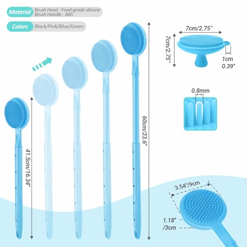 Adjustable Silicone Back & Face Scrubber Set, 16''-24'' Extendable Shower Back Scrubber with Dual-Side Head and Lathering Bristles, Manual Face Scrubber with Soft Bristles Non-Slip Handle(Blue)