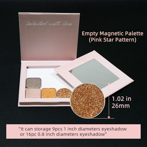 Pink Magnetic Refillable Makeup Palette with Mirror ? Lightweight, Durable, Travel-Ready Case for Eyeshadow, Blush, Lipstick ? Includes Spatula & 20 Stickers ? Small, Waterproof Paperboard