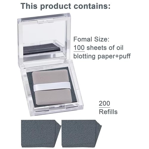 Oil Blotting Paper with Powder - 300 Sheets with Mirror, Puff & Refills, Absorbs Excess Face Oil, Controls Shine, Gentle for Makeup Use