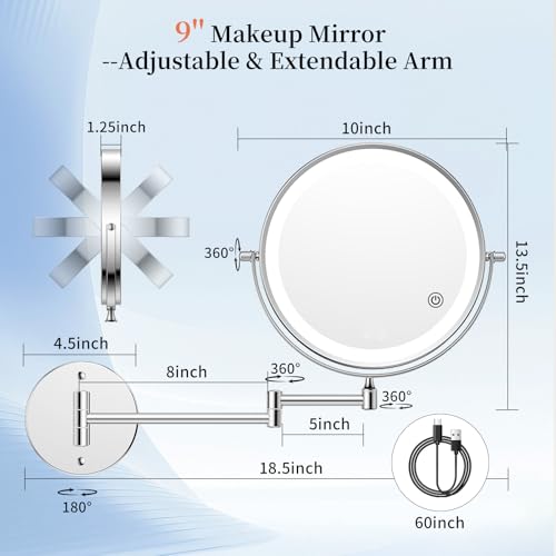 FUNTOUCH 30X/1X Wall Mounted Lighted Makeup Mirror, 5000mAh Rechargeable 9" Double Sided Magnifying Bathroom Mirror, 3 Color Modes Touch Dimmable Extended Arm 360 Rotation with Adapter,Chrome