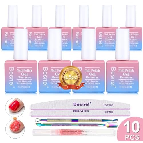 Gel Nail Polish Remover 10 Pack Professional Gel Polish Remover Non-Irritating Quick Easy, Nail Polish Gel Remover Tools Kit Nail File Cuticle Pusher File Grit, No Need For Foil Soaking Or Wrapping