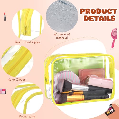 24 Pack Clear Makeup Bags Bulk Cosmetic Storage Bag Waterproof PVC Pouch with Zipper for Travel Organizer Plastic Toiletries Case for Women Traveling Bathroom, 7"x 4.7"x 2.4"(Yellow)