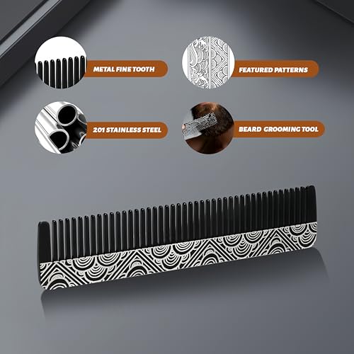 Metal Beard & Mustache Comb - Pocket Comb with 3D Pattern Design, Fine & Wide Teeth for Precise Styling - Durable, Compact, Travel-Friendly Grooming Tool for Facial Hair Care (4.65inch) - Cloud