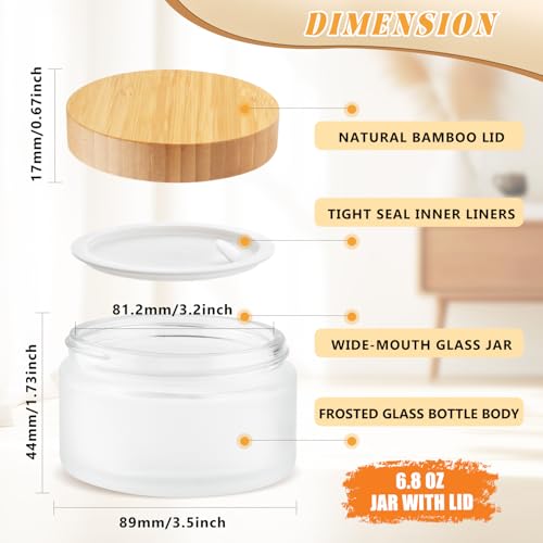 4 Pack 200ml/6.8 oz Glass Jars,Refillable Round Wide-mouth Jars Pot with Bamboo Lids,Empty Cosmetic Storage Containers for Lotion,Spice,Powder,Body Butter,Moisturiser,Cream,Candle Making (Frosted)