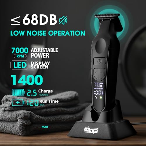 DSP Hair Trimmer for Men, Beard Trimmer, Cordless USB Rechargeable Barber Trimmer DLC, Speeds Adjustable, Travel Lock, Low Noise with Charging Base