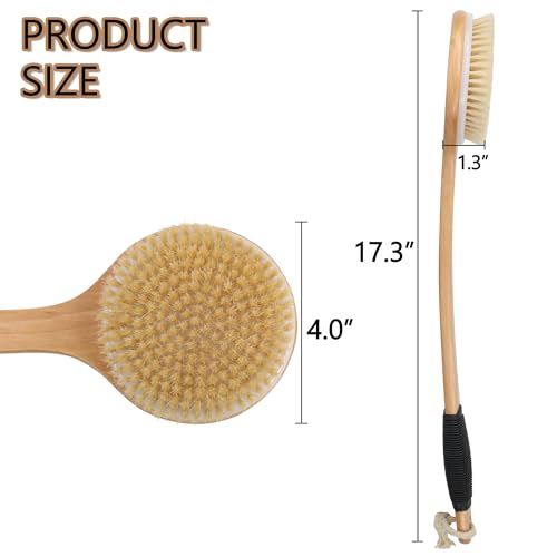OWIIZI Round Head Back Scrub Brush for Body Shower, Wooden Long Handle Bristles Tub Soaping Bath Brushes, Skin Exfoliator Scrubber Brush for Men Women Elderly Wet or Dry Use