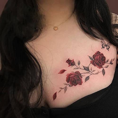 Temporary Tattoo Rose Red Flower for Women Body Arm Art Fake Fake Waterproof Tattoo Arm Hand Chest Shoulder Tattoo 11 Sheets