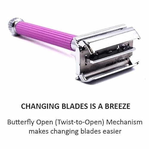 Parker 29L Lavender, Long Handle Butterfly Open Double Edge Safety Razor for Women, 5 Parker Premium Platinum Double Edge Razor Blades Included