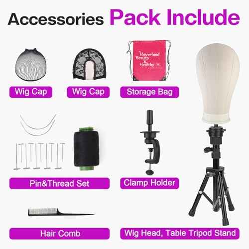 23 Inch Wig Head,Wig Stand Tripod with Head,Canvas Wig Head Stand with Mannequin Head for Wigs,Manikin Head Block Set for Wigs Making Display with Wig caps,T Pins Set,Bristle Brush