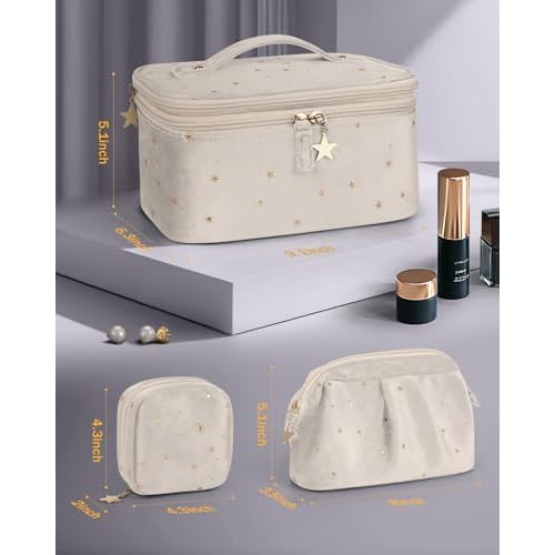 Wedama Makeup Bag, Double-layer Cosmetic Bag with Jewelry Storage and Brush Holders 3 Pcs Velvet Makeup Bag Set Travel Makeup Organizer Bags Portable Cosmetic Case Toiletry Bag for Women Girls, Beige