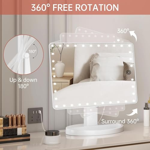 FUNTOUCH Large Lighted Makeup Mirror with Lights, Light Up Mirror with Small 10x Magnification for Desk, 360¡ÆRotation Touch Screen,Brightness Adjustable Tabletop Cosmetic Vanity Make Up Mirror