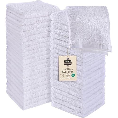 Utopia Towels 60 Pack Cotton Washcloths Set, 100% Ring Spun Cotton, Premium Flannel Face Cloths, Highly Absorbent and Soft Feel Fingertip Towels, White